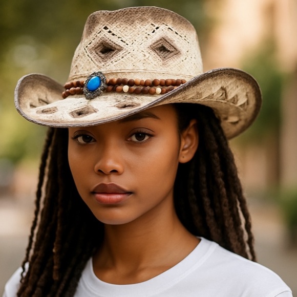 White Brown Crochet Straw Cowboy Hat Turquoise Beaded Band - Picture 1 of 4